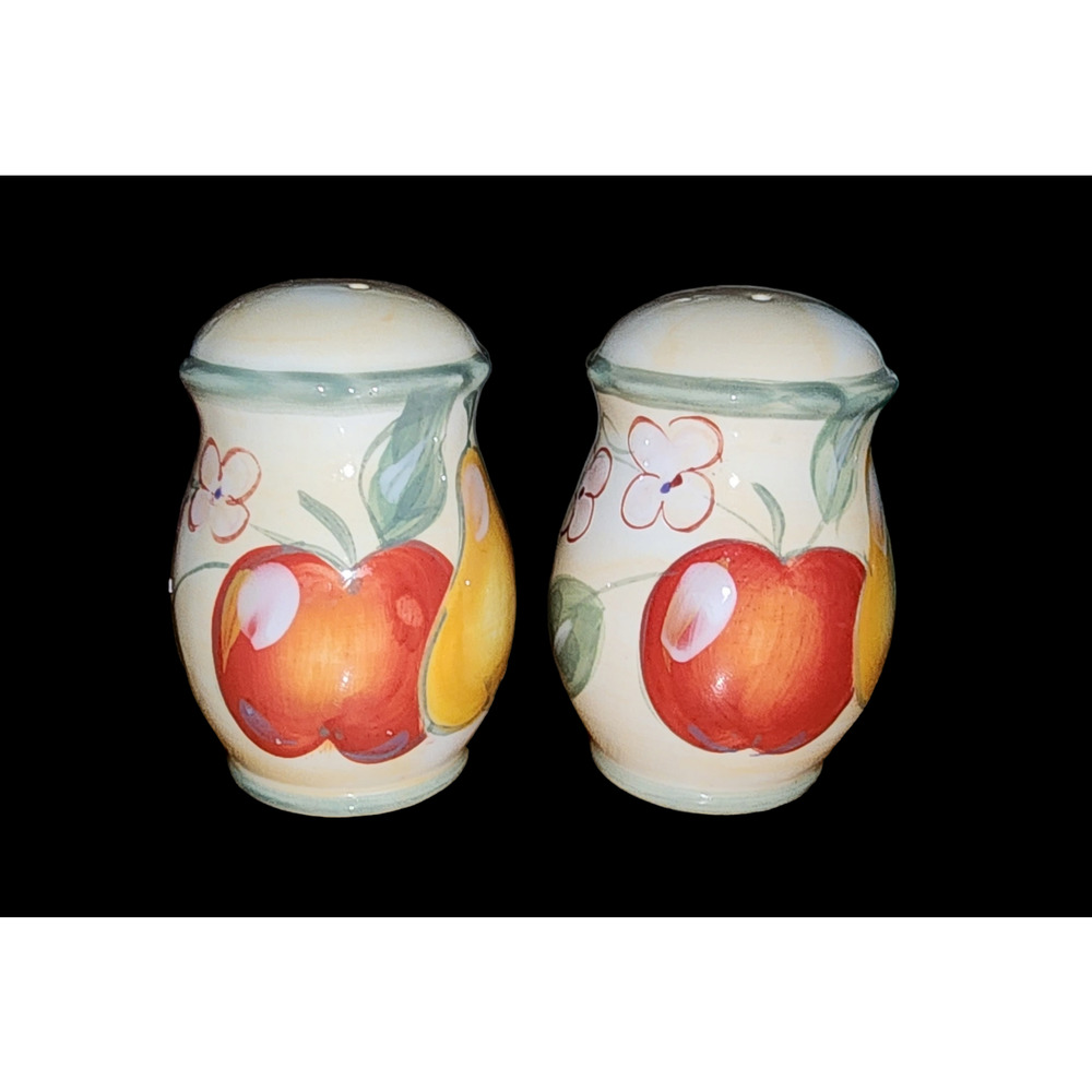 Ceramic Apple Pear Flower Design On White Salt & Pepper Shaker Set Collectible